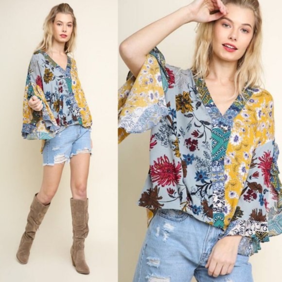 Tops - Boho Floral print Kimono Sleeve Blouse